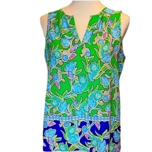 Rose + Olive Preppy Green Blue Pink Floral Paisley V Neck Sleeveless Top Size XS